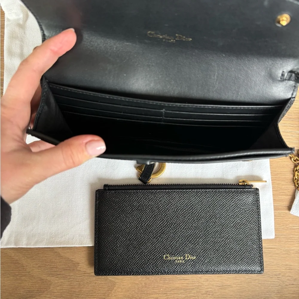 Dior Black Leather Wallet Trio with Gold Chain and D Charm